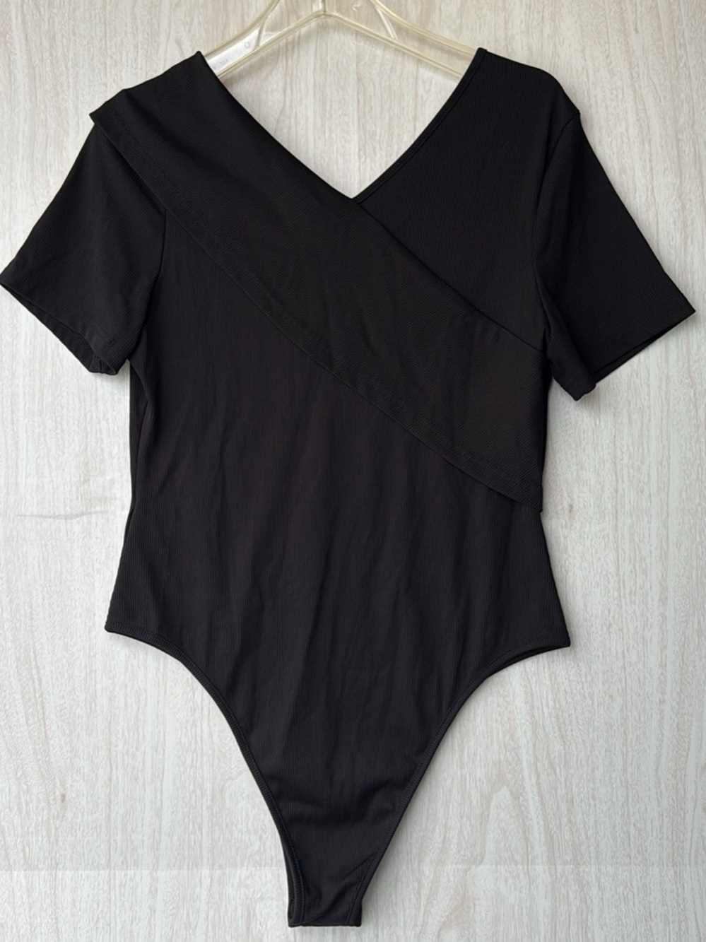 Unlisted Black V-Neck Short Sleeve Bodysuit with Diagonal Overlay